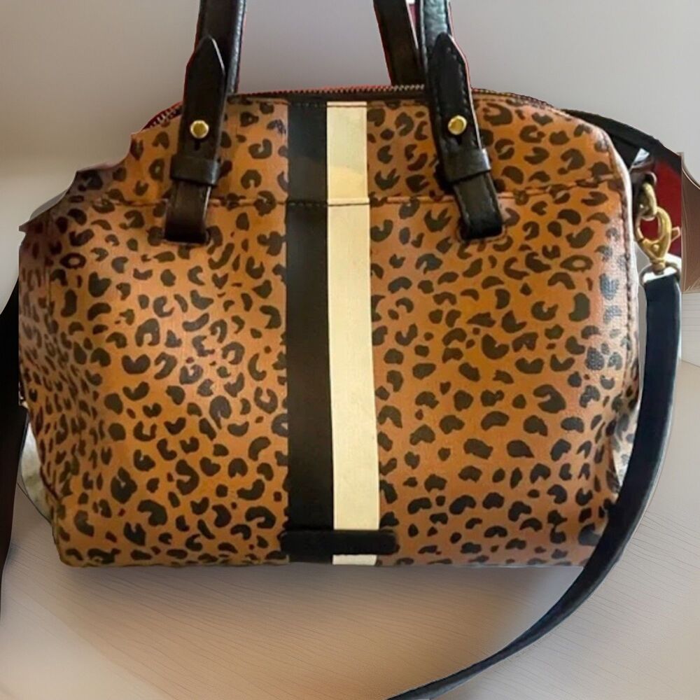 Fossil Leopard Print Satchel with Black and Cream Stripes - Picture 13 of 13
